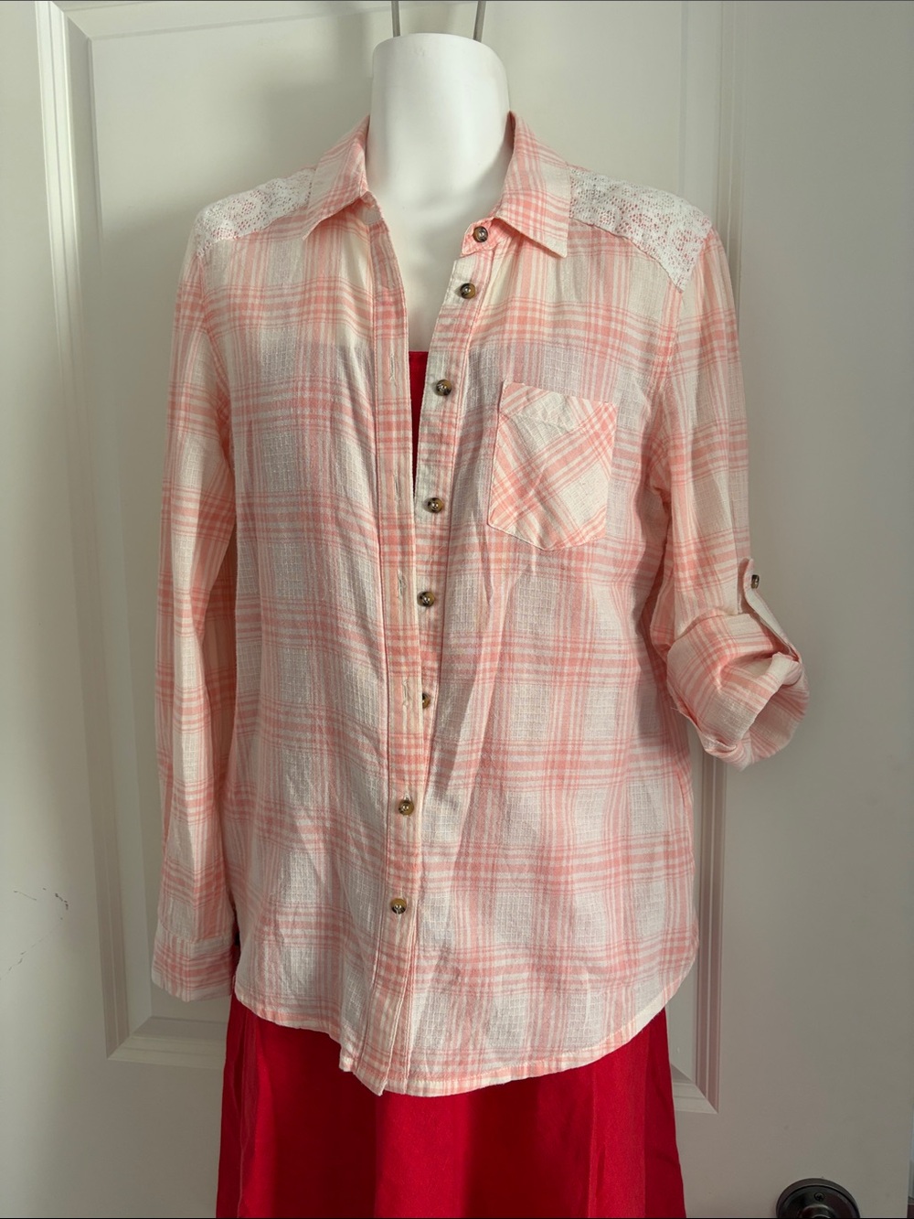 Light Pink Plaid Button-Up Cotton Shirt